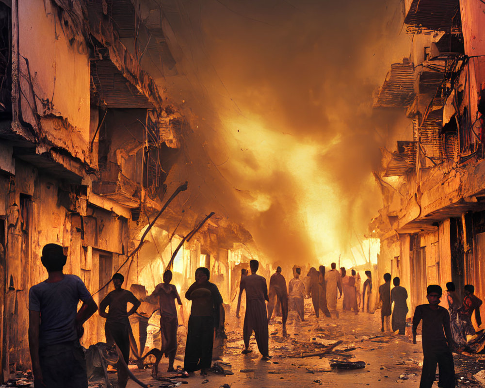 Group of People in Devastated Street Among Damaged Buildings