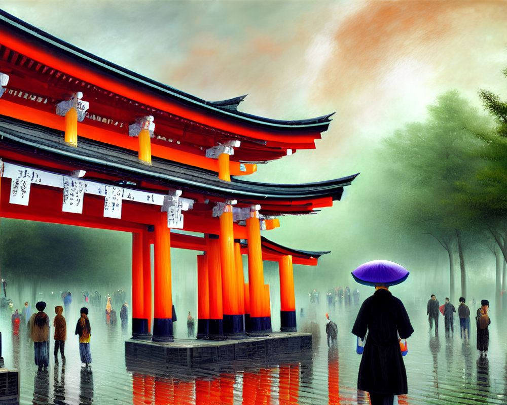 Illustration of People Walking to Japanese Torii Gate in Misty Setting