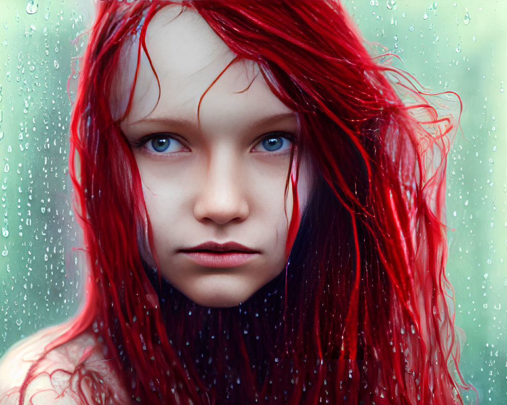 Young person with red hair and blue eyes by window with raindrops.