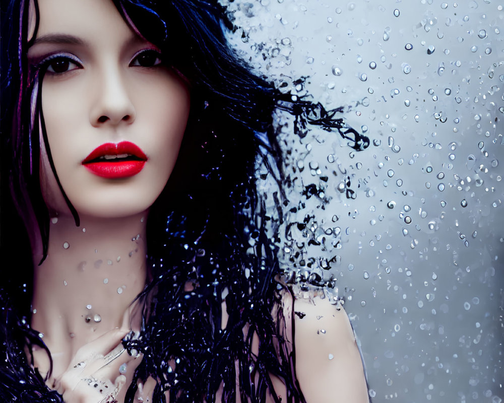 Striking red lipstick woman with wet black hair gazing through raindrop-speckled glass pane