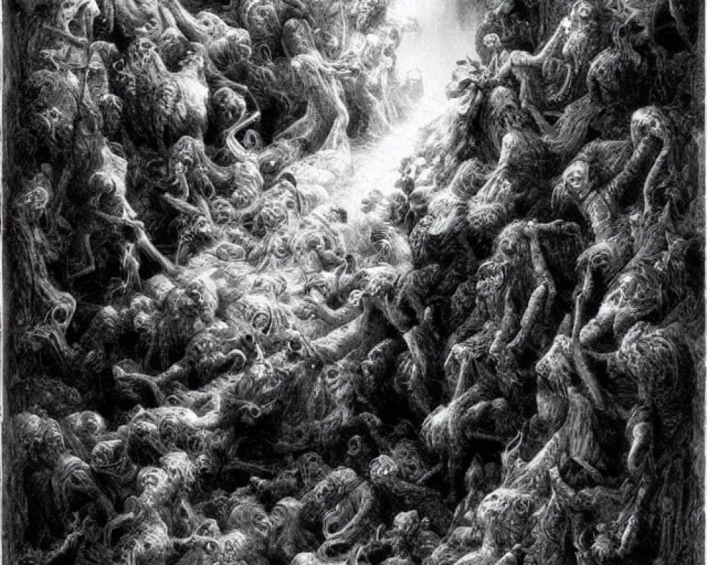 Monochrome artwork of chaotic human-like figures in textured scene