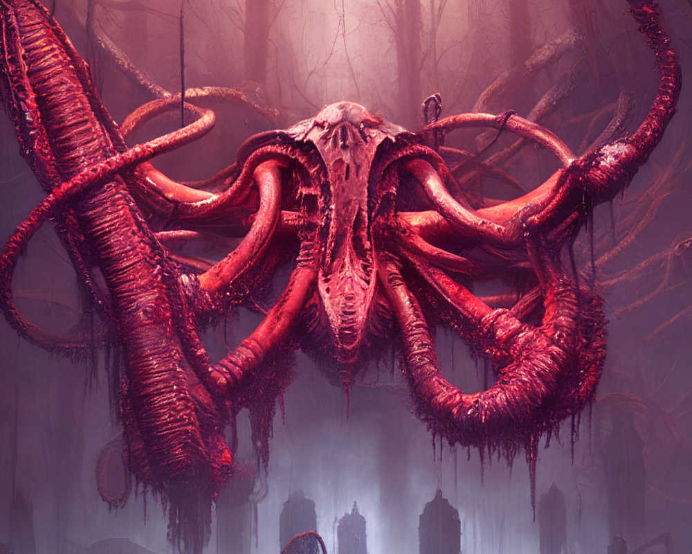 Gigantic red octopus in misty forest with eerie orange light