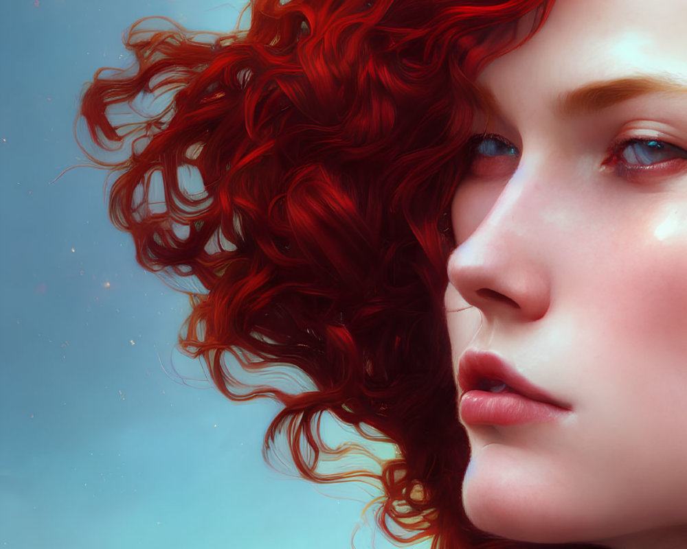 Vibrant red curly hair on fair-skinned person in digital portrait