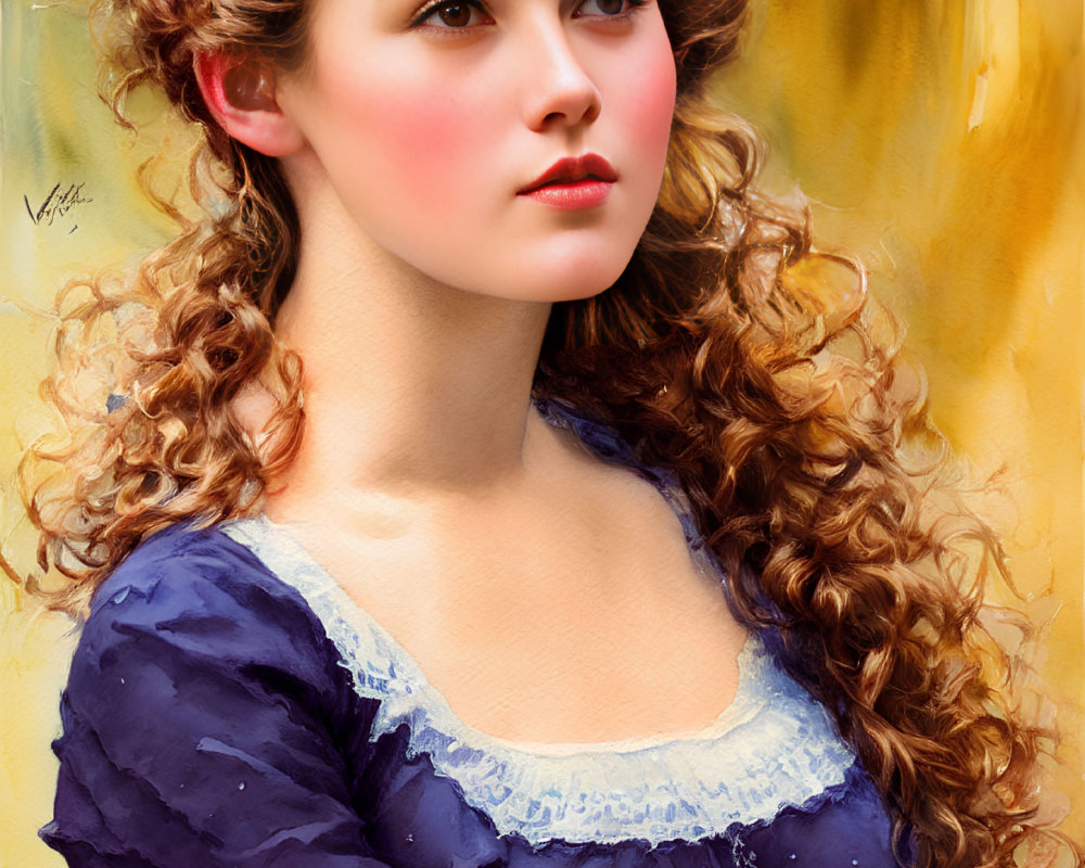 Portrait of a young woman with curly hair and blue eyes in vintage dress