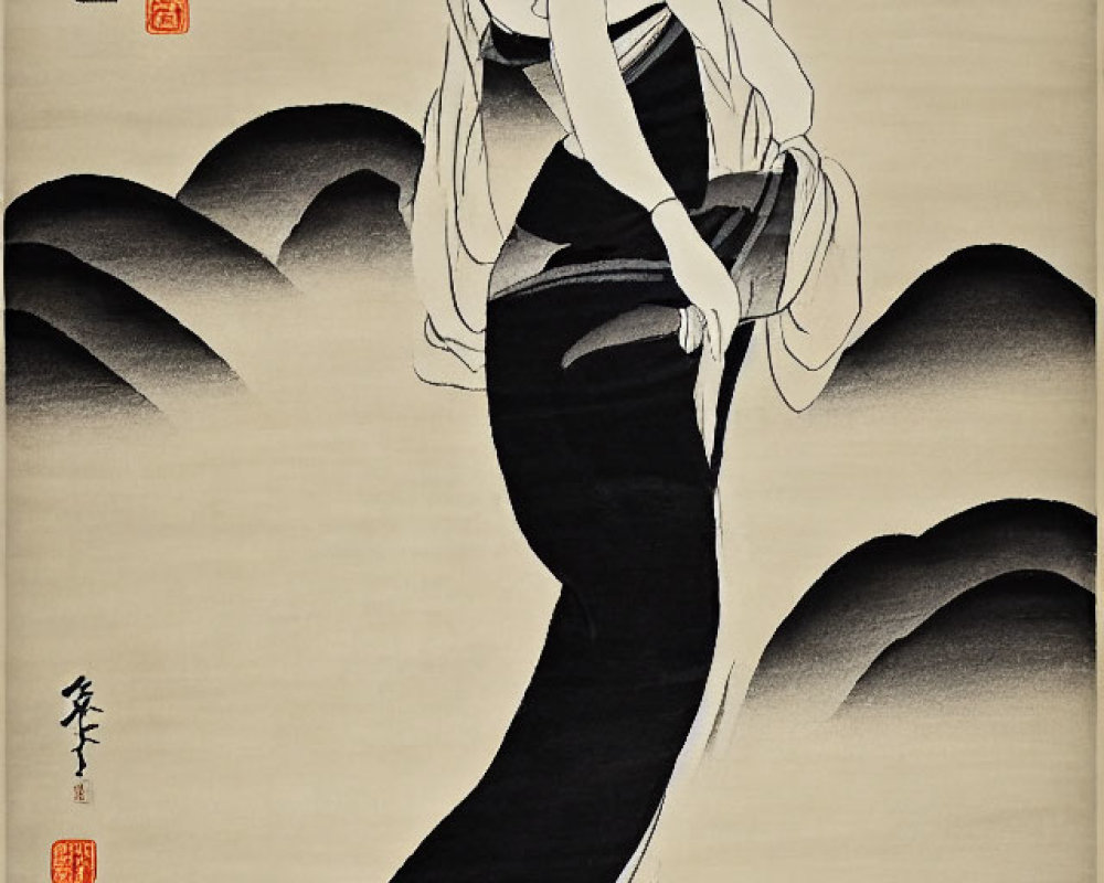 Traditional Japanese Woodblock Print: Woman in Kimono with Waves and Calligraphy