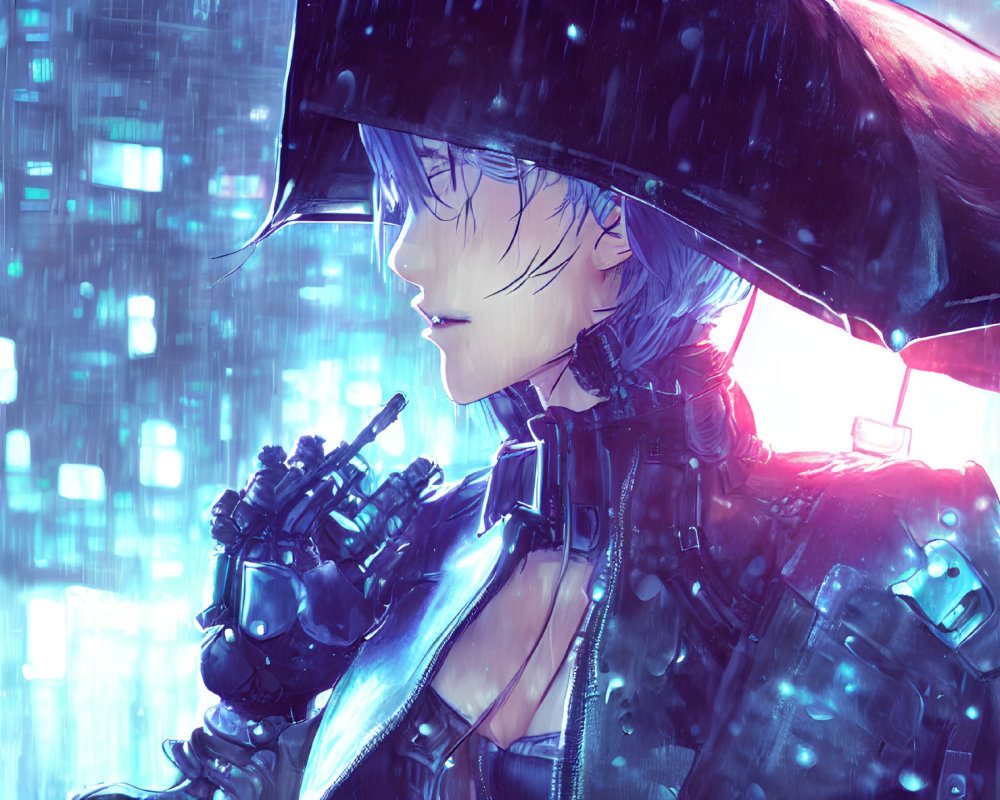 Futuristic female anime character in black outfit under neon rain