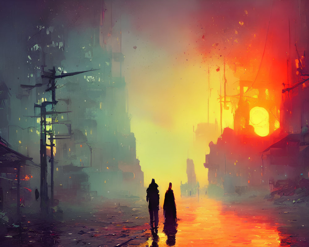 Silhouetted figures in dystopian cityscape with red-orange sky