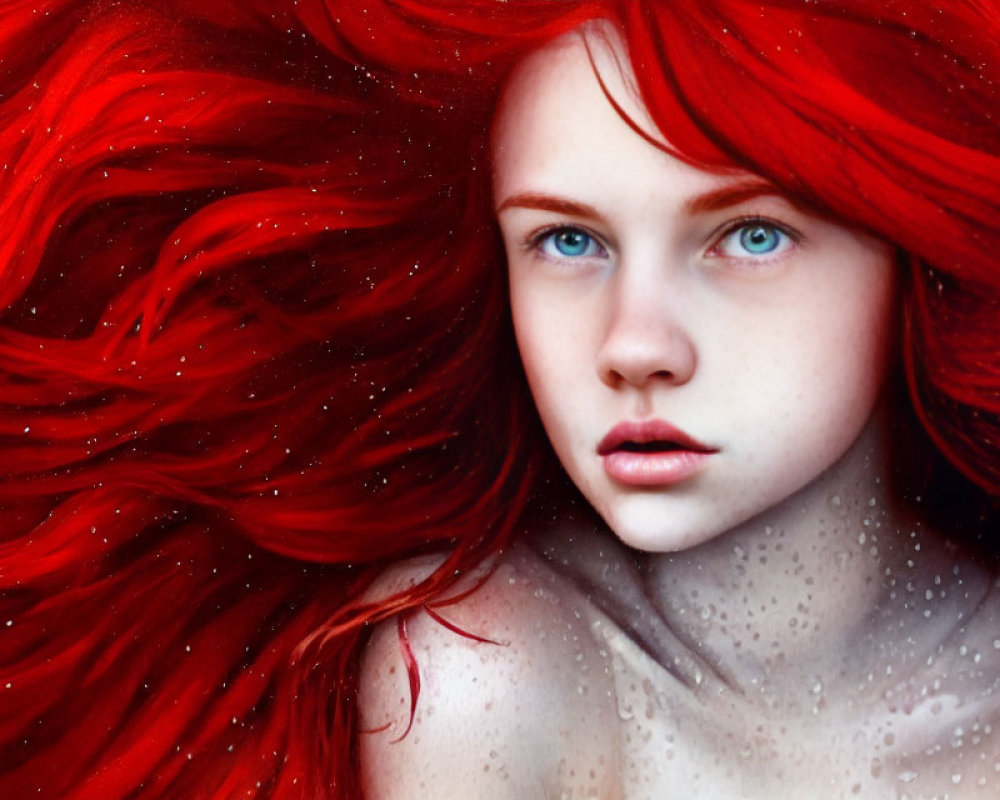 Vibrant red hair and blue eyes in flowing water-like locks.