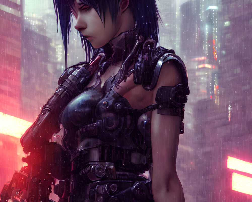 Futuristic female cyberpunk character with mechanical arms in neon-lit cityscape