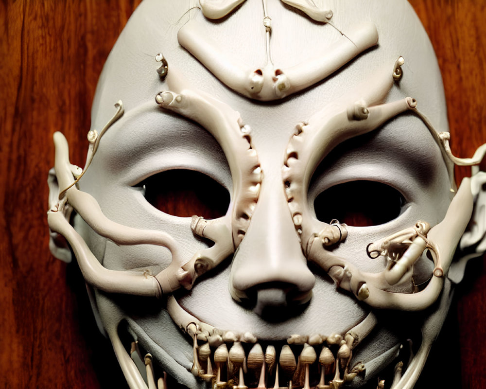 Detailed skeletal and mechanical mask on wooden background