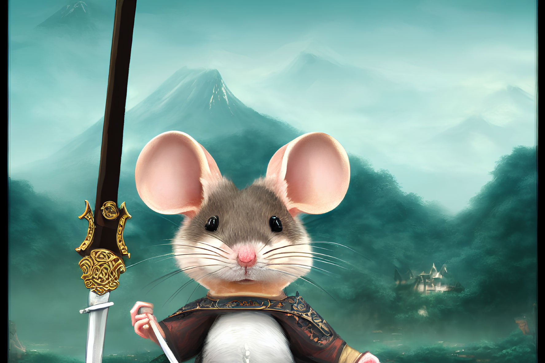 Armor-clad anthropomorphic mouse with sword in misty mountain setting