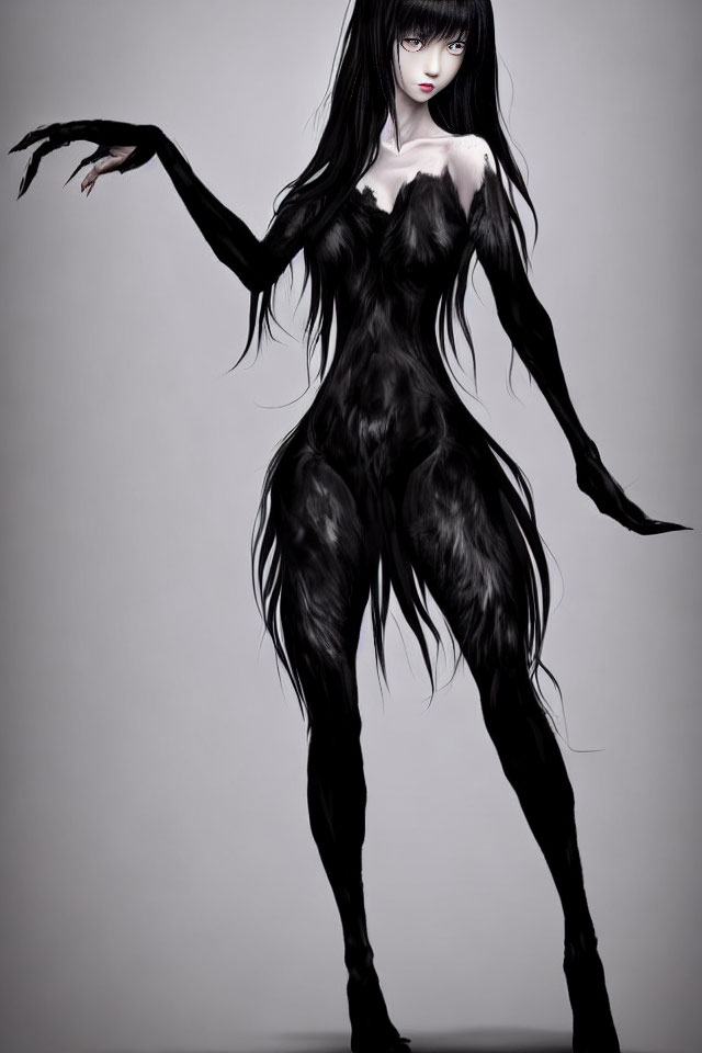 Illustrated figure with long black hair and claw-like fingers in dynamic pose on grey backdrop
