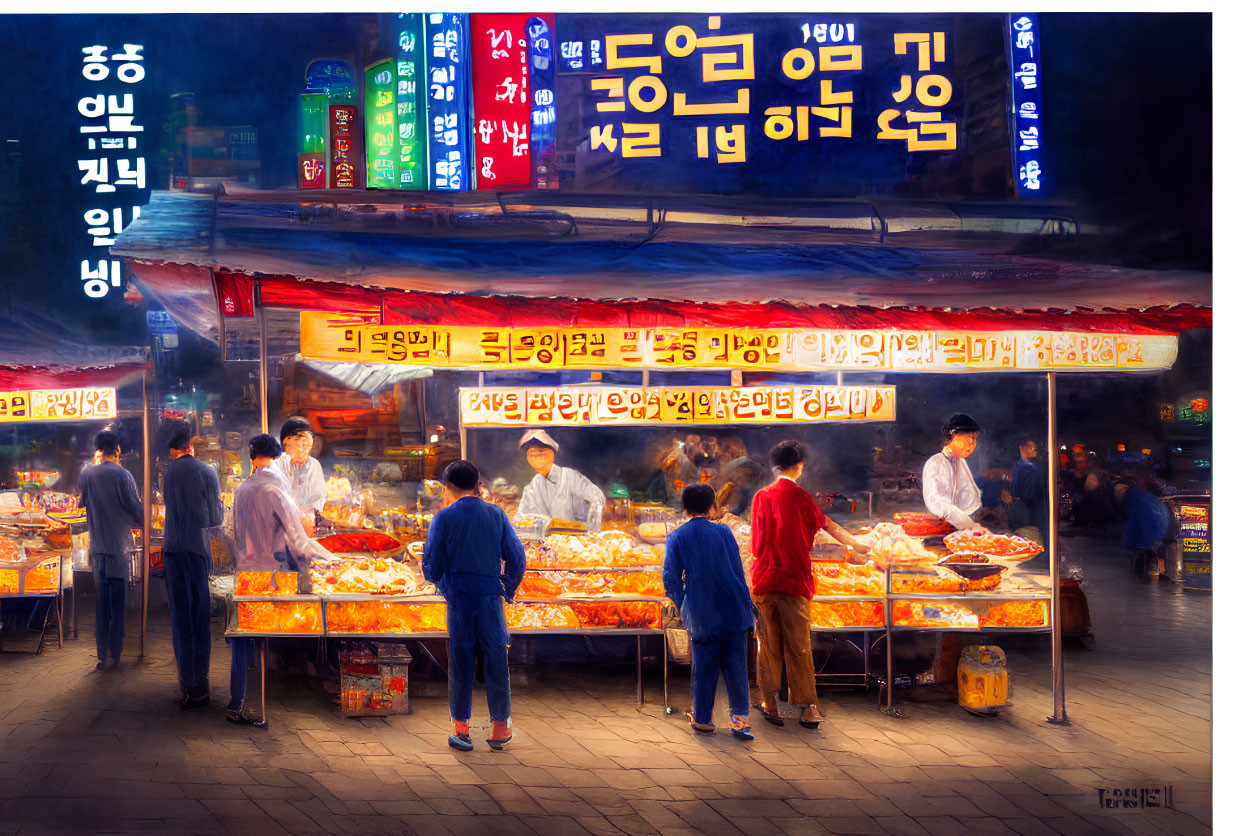 Colorful Korean Night Market Scene with Vibrant Food Stalls