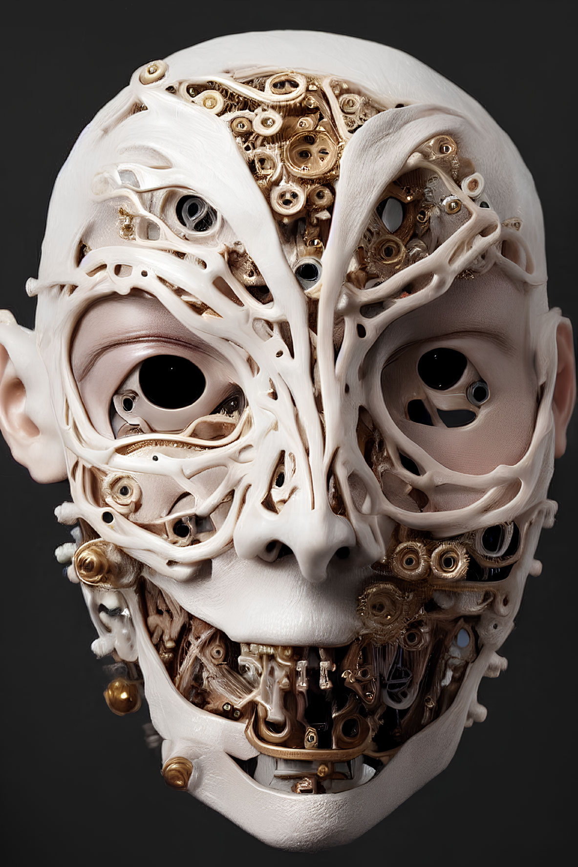 Mask with Human Features and Clockwork Design on Dark Background