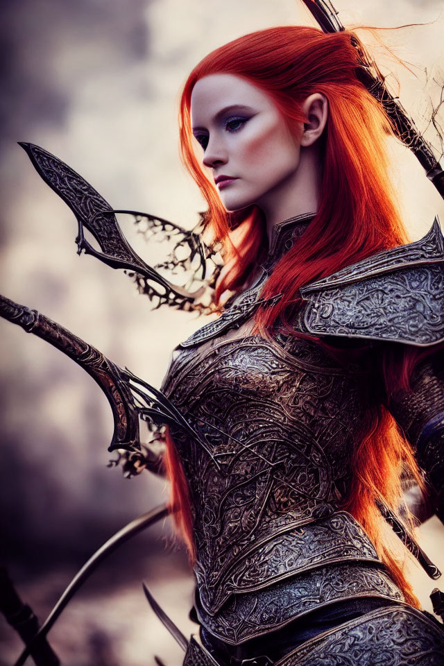 Striking red-haired woman in ornate armor with bow in fantasy setting