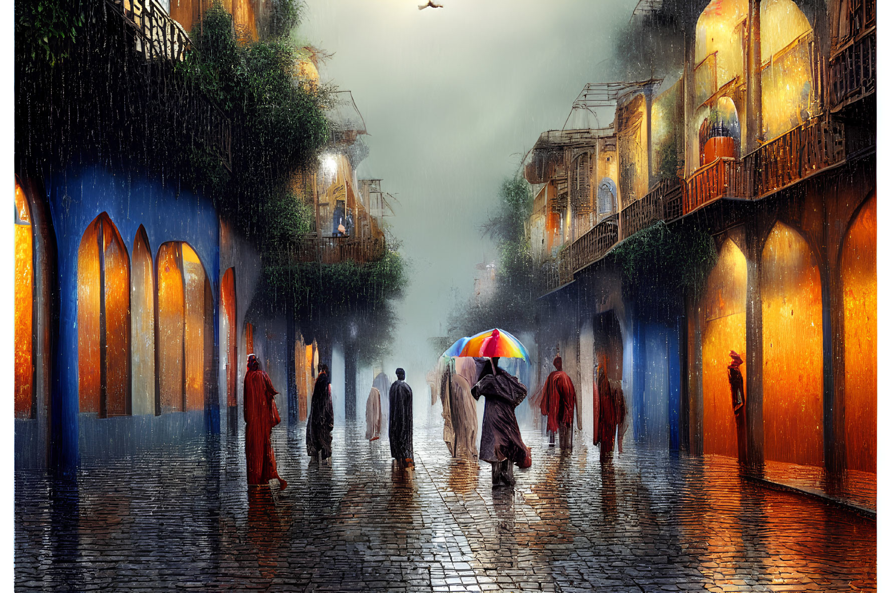 Colorful Rainy Street Scene with People and Umbrellas
