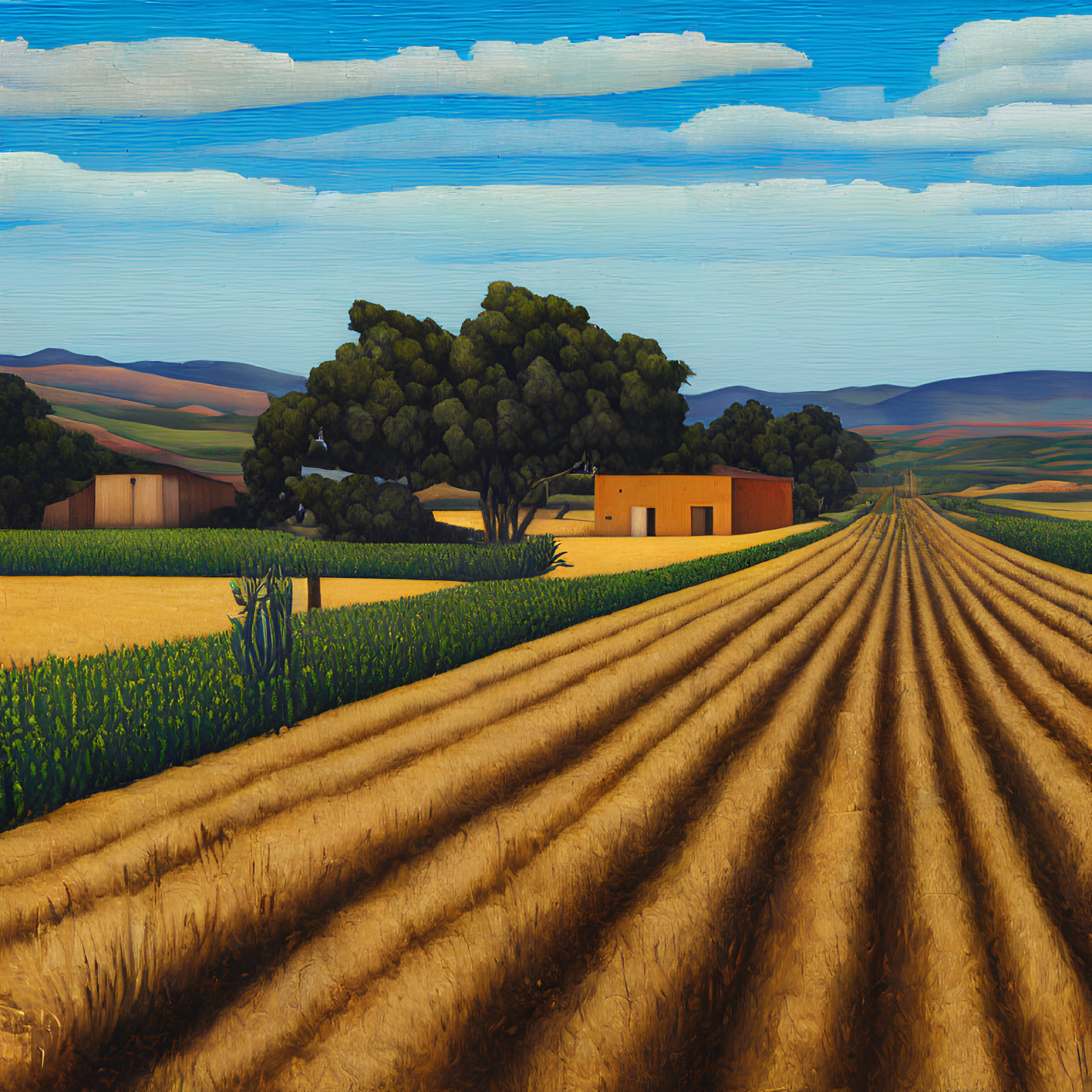 Colorful landscape painting of farm with fields, house, trees under blue sky.