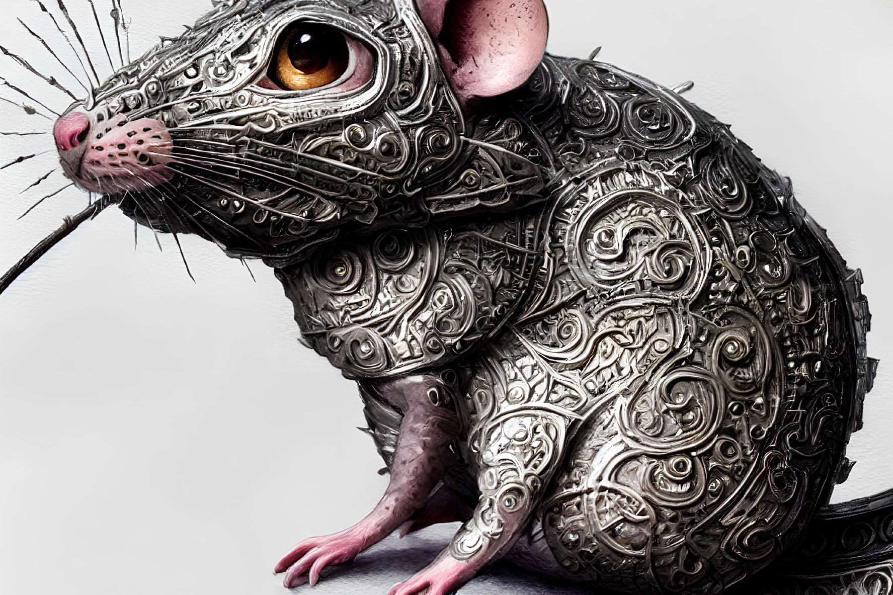 Detailed Artwork: Mechanical Rat with Metal Patterns, Realistic Fur, and Lifelike Eye