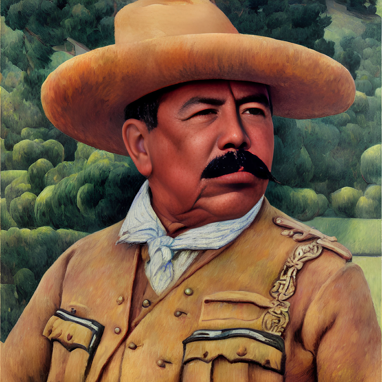 Man with Mustache in Military Attire and Large Hat Against Green Hills