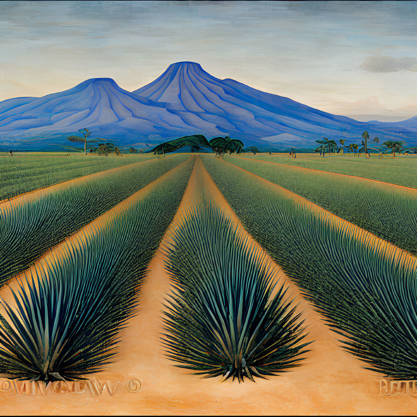 Scenic painting of agave field, rows, blue mountains, sunset sky