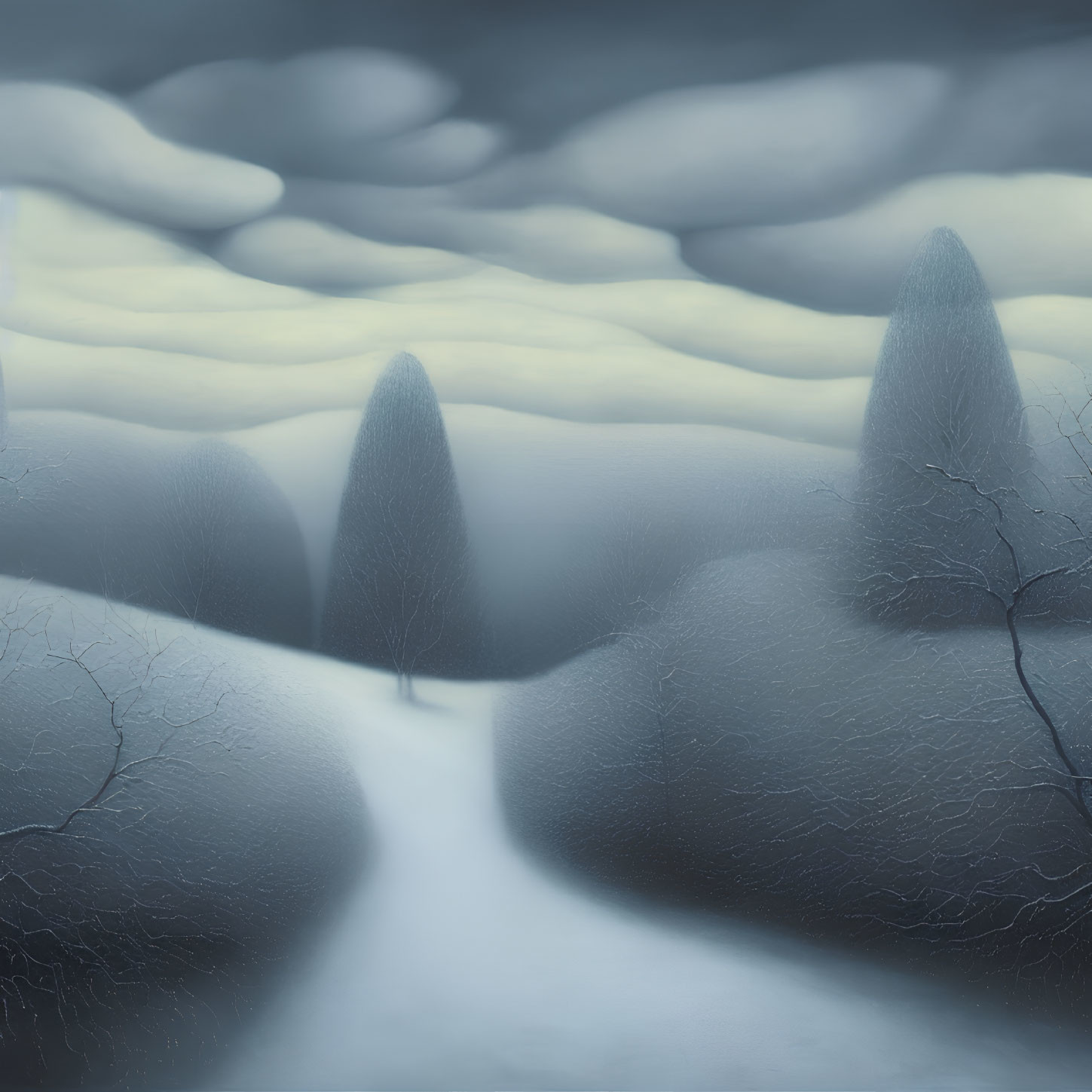 Surreal winter landscape with snow-covered hills and bare trees