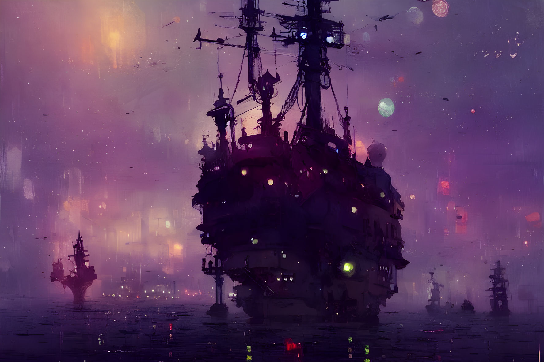 Ghostly pirate ships in misty, ethereal sea under luminescent sky