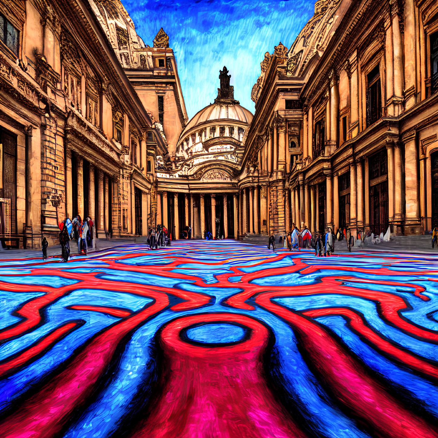 Vibrant abstract pattern leading to neoclassical building under blue sky