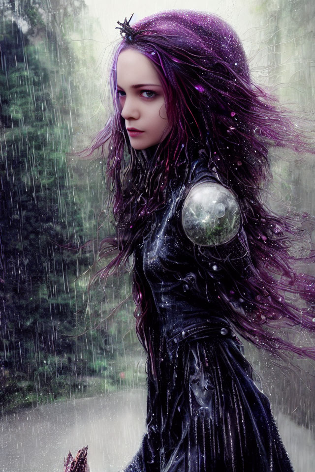 Purple-haired figure in dark attire with shield, standing in rain