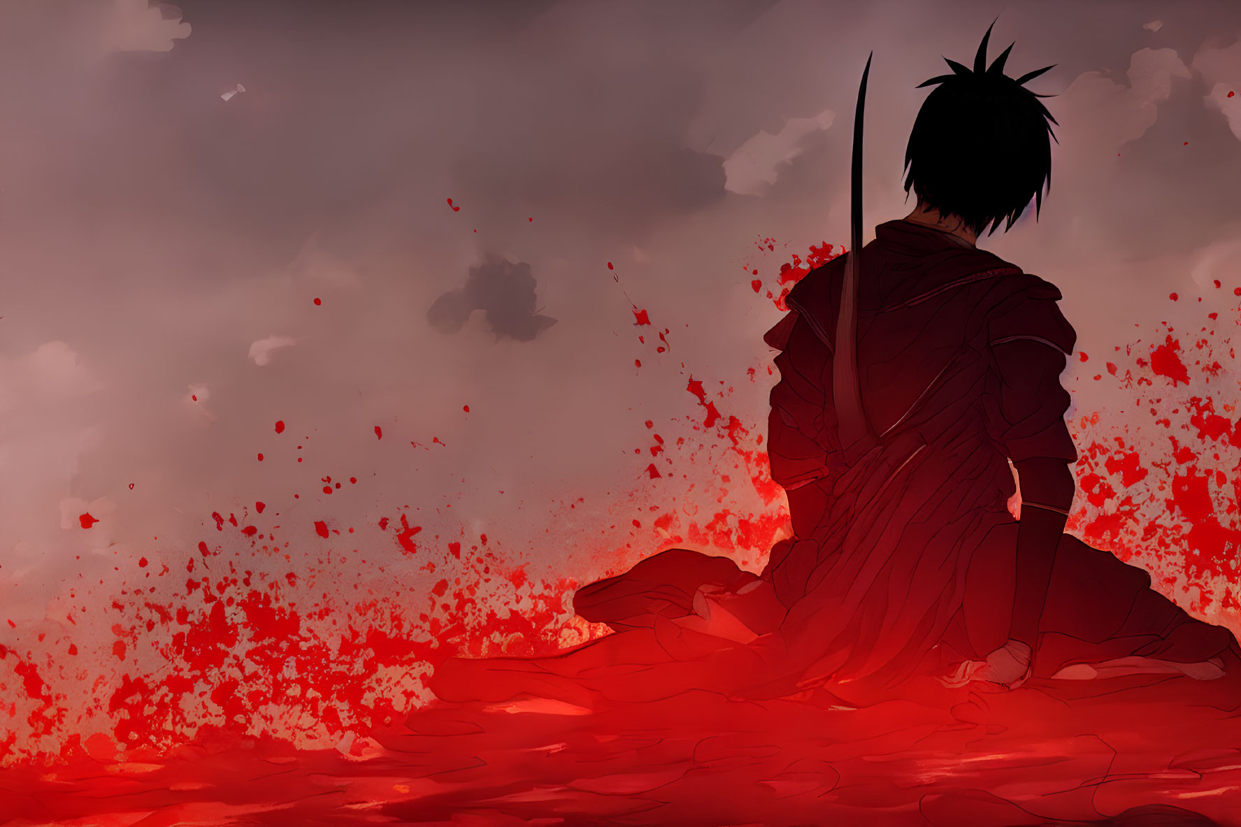 Stylized illustration of solo figure in crimson sea with red petals under dramatic sky