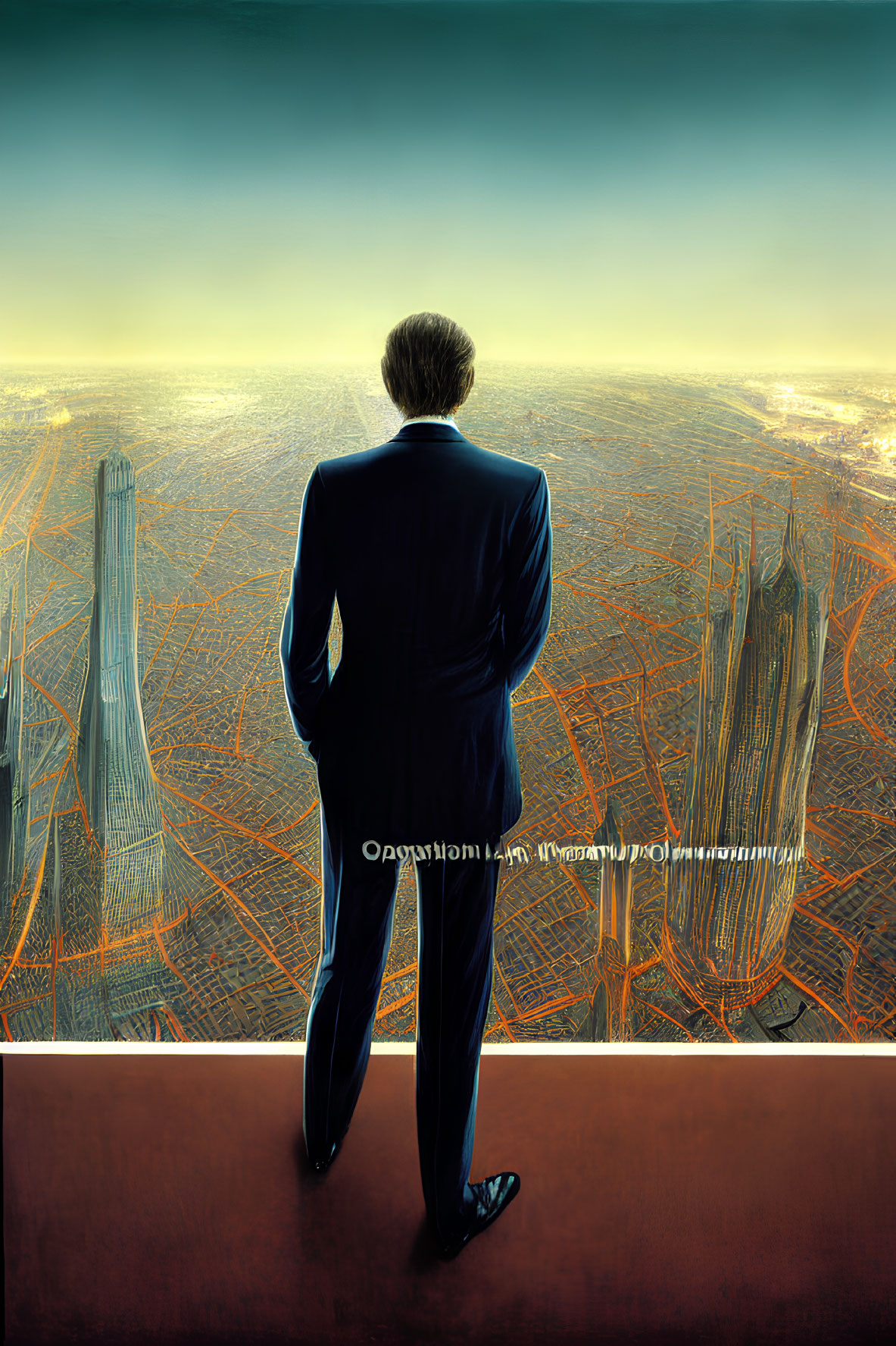 Man in suit gazes at cityscape from high balcony