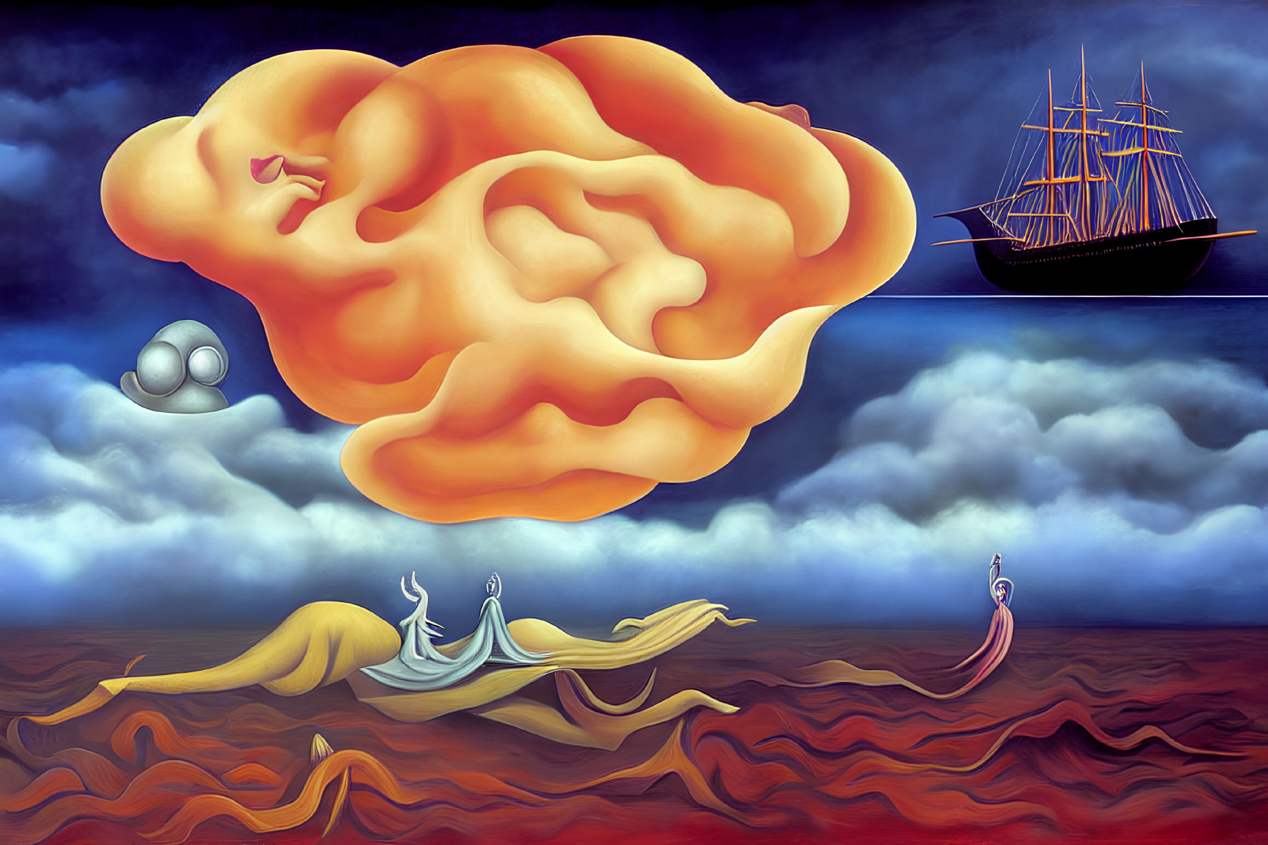 Surreal seascape with giant brain cloud, ship, and flowing figures