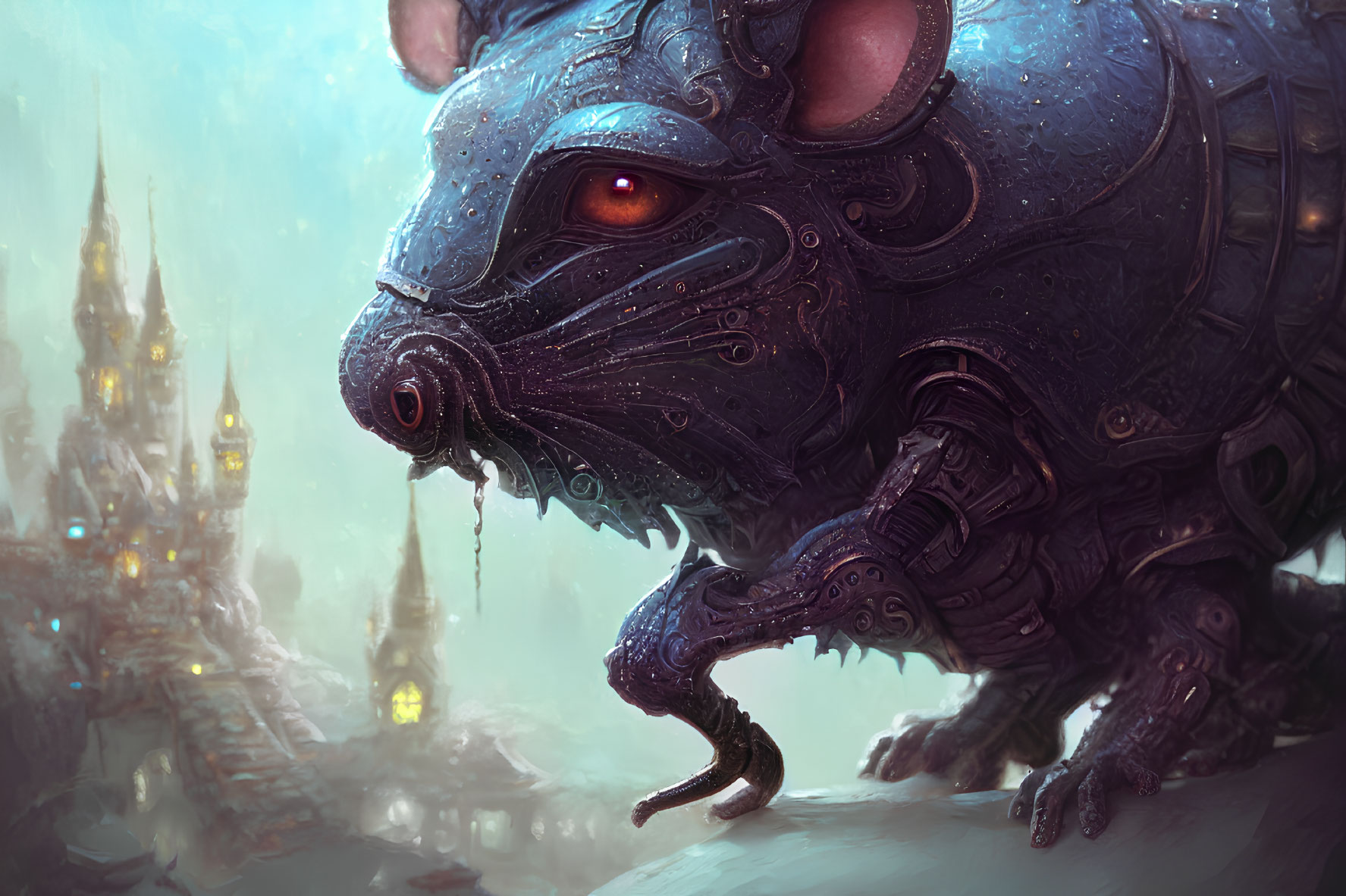 Detailed Fantasy Artwork: Mechanical Rat with Red Eyes in Misty Cityscape