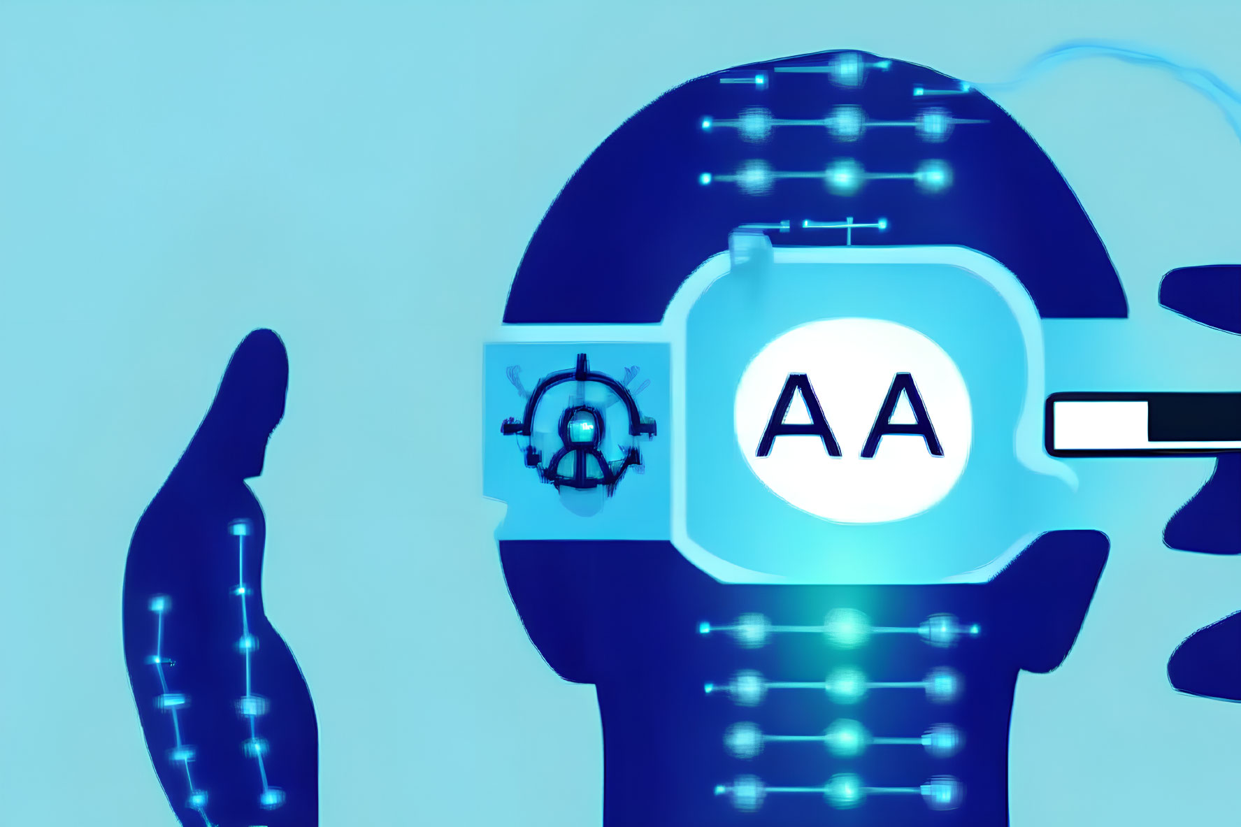 Blue humanoid figure with digital patterns and cogwheel, magnifying glass, and "AA" icons.