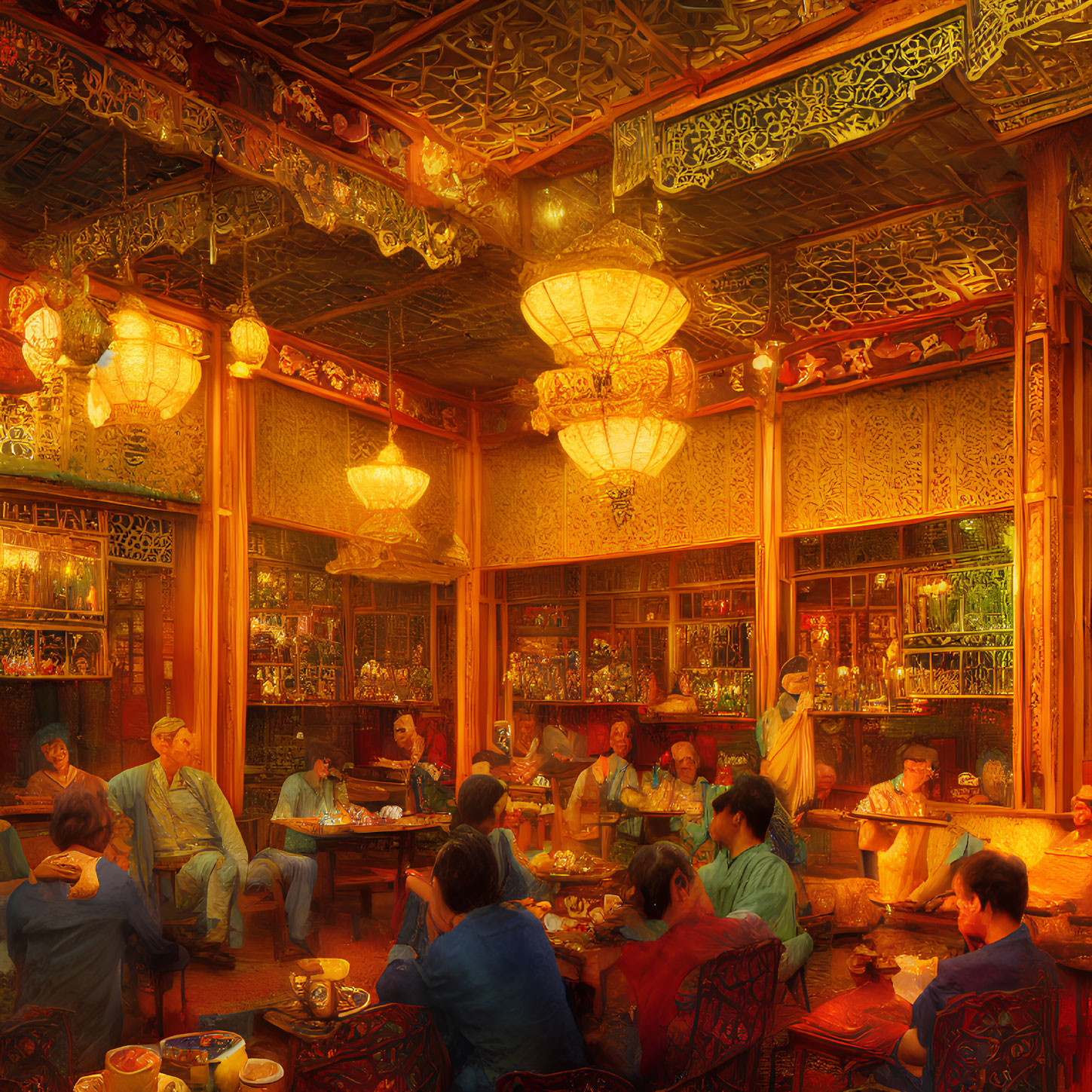 Traditional Chinese Tea House with Intricate Wooden Carvings and Warm Lighting