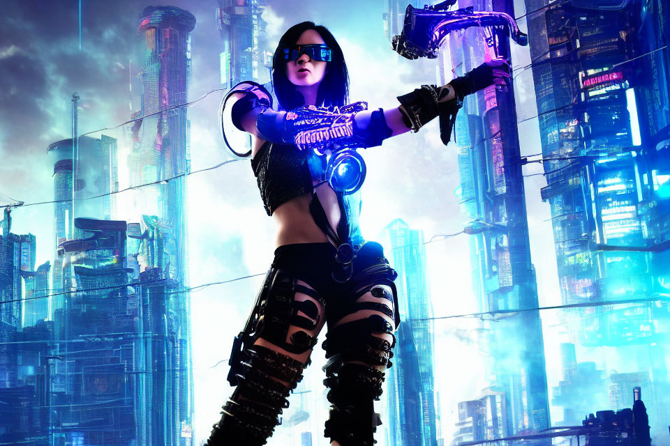 Dark-haired female cyberpunk with sunglasses and futuristic weapon in neon-lit cityscape