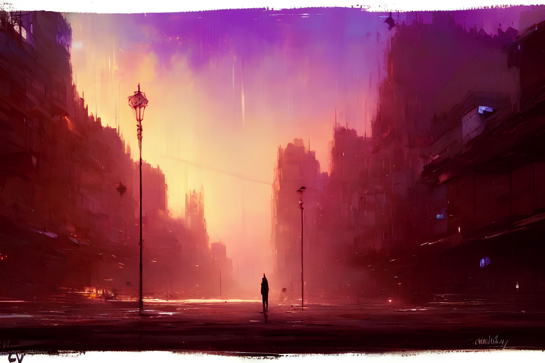 Solitary Figure Walking in Dusky Cityscape at Dusk