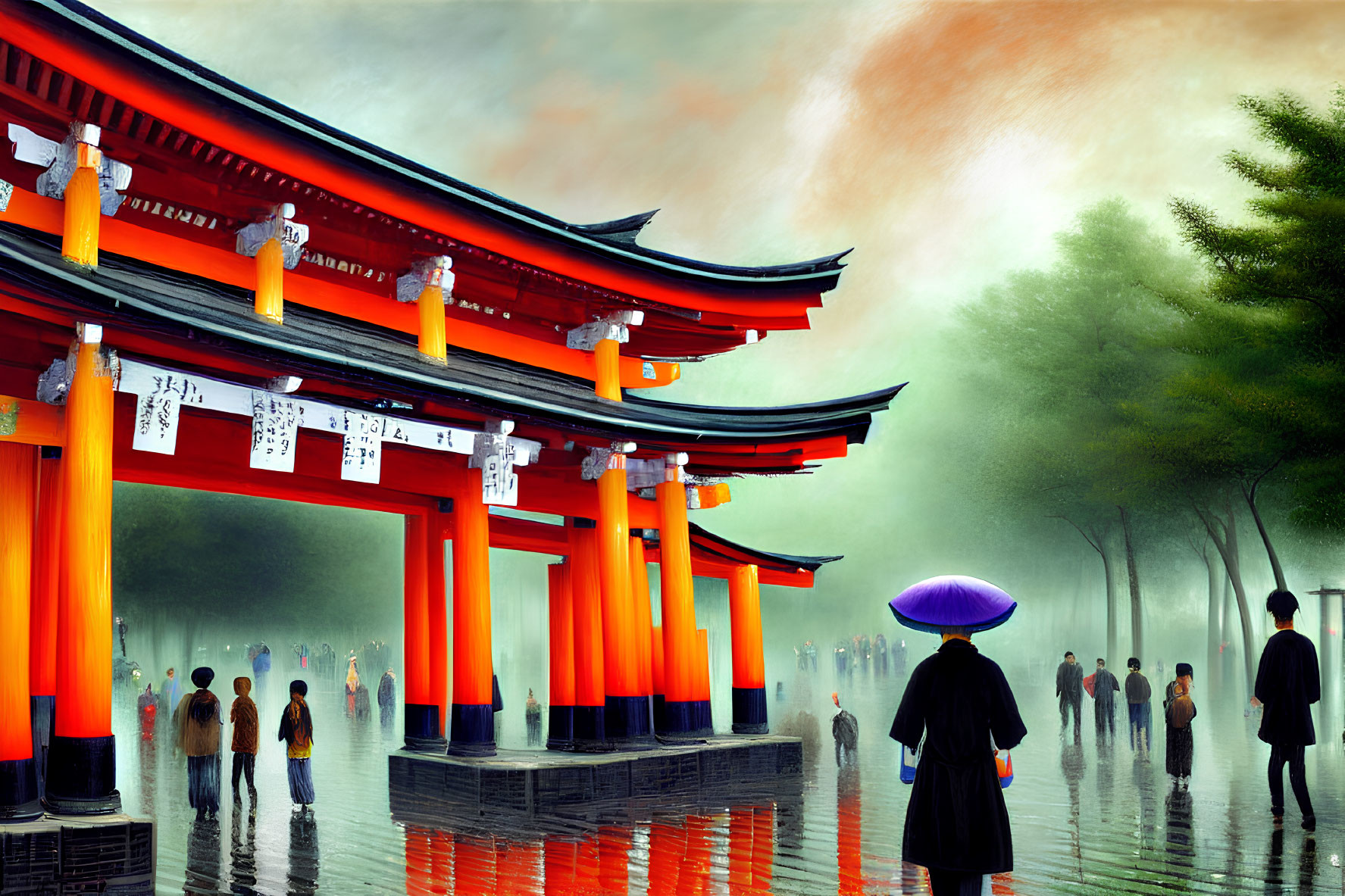 Illustration of People Walking to Japanese Torii Gate in Misty Setting