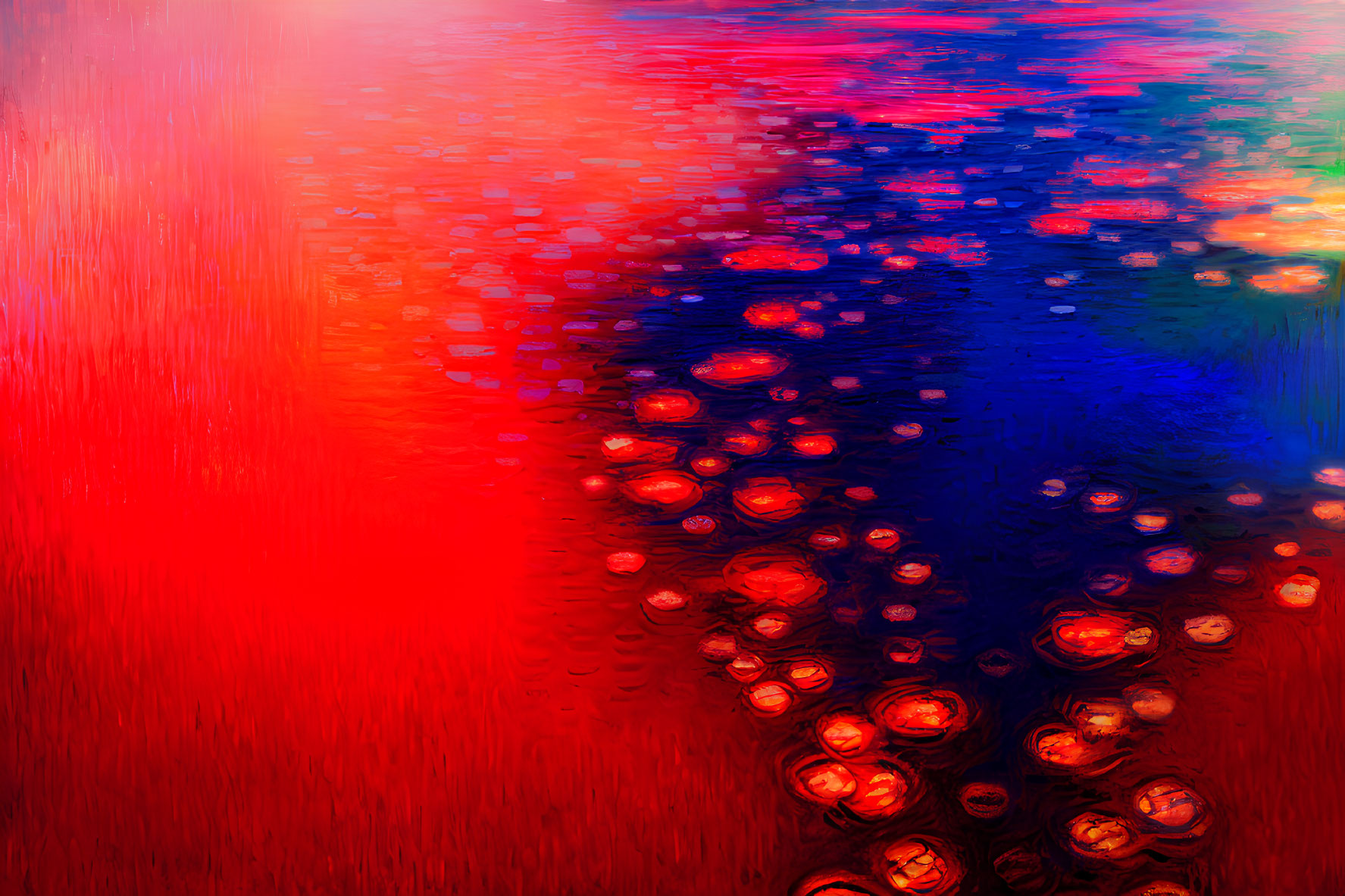 Vibrant Red and Blue Abstract Art with Textured Bokeh Patterns