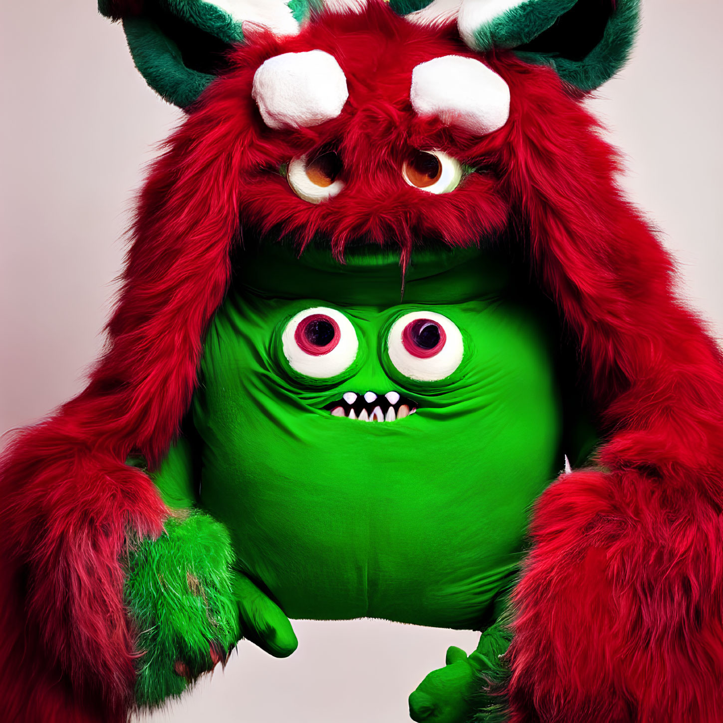 Whimsical character with red furry exterior and large green face