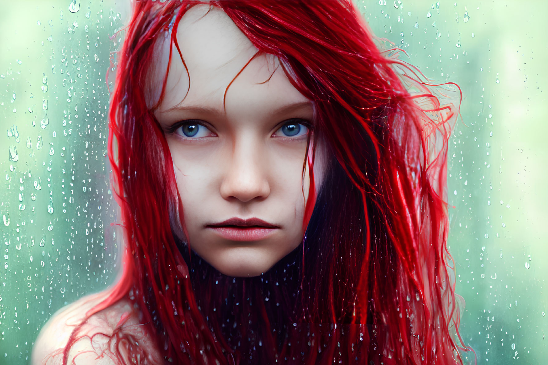 Young person with red hair and blue eyes by window with raindrops.