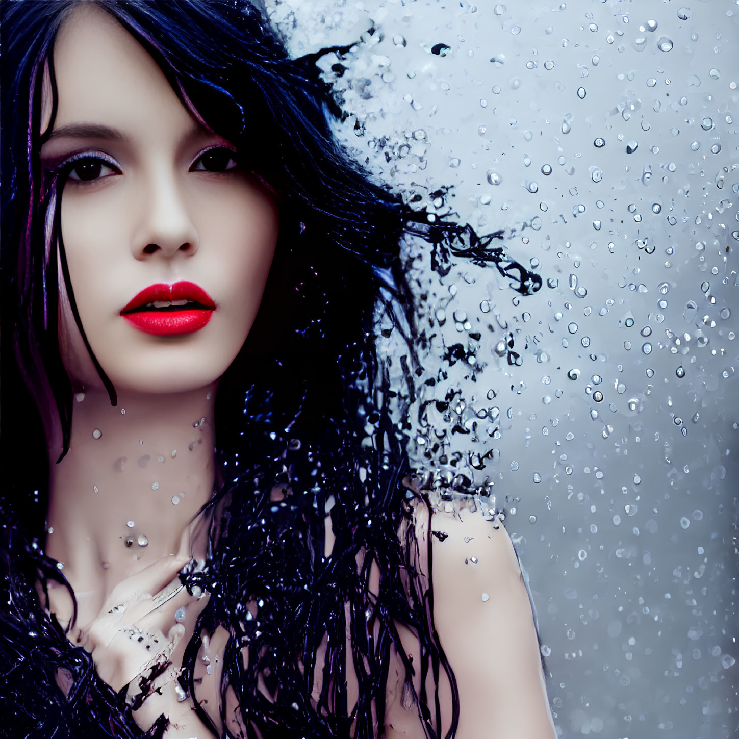 Striking red lipstick woman with wet black hair gazing through raindrop-speckled glass pane
