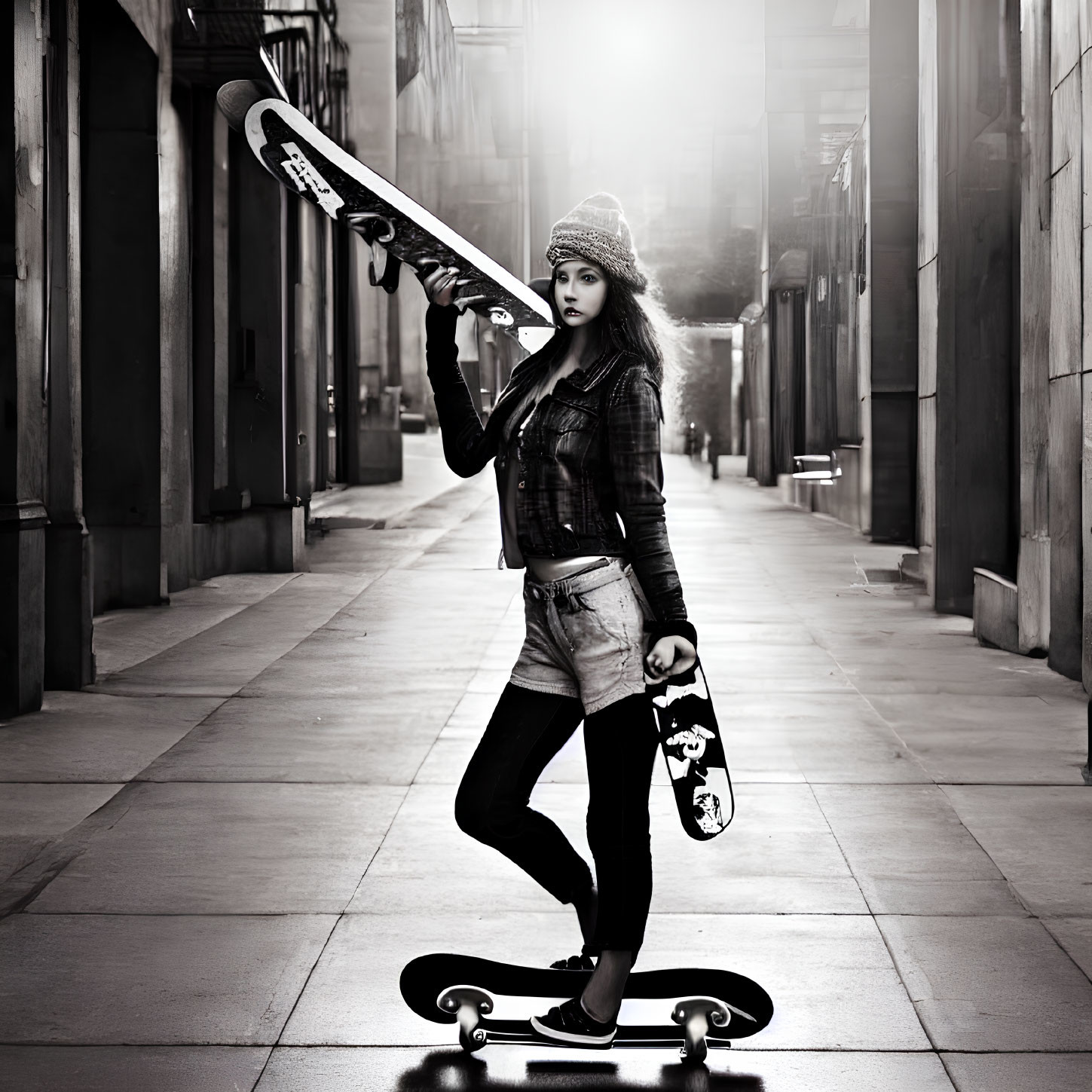 Fashionable youth with skateboard poses in urban alley in trendy attire