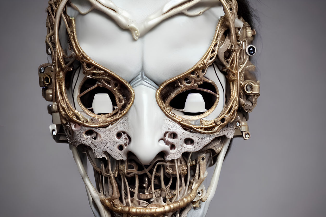 Detailed Metallic Skull Mask with Ornate Design and Mechanical Elements