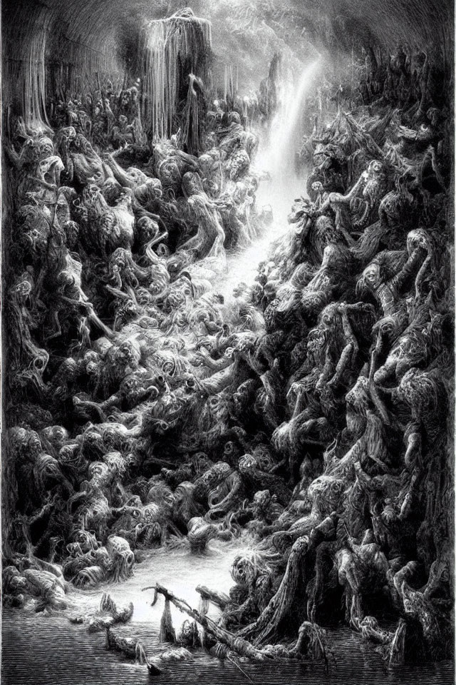 Monochrome artwork of chaotic human-like figures in textured scene