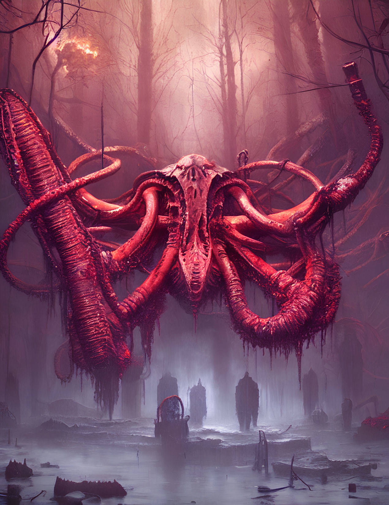 Gigantic red octopus in misty forest with eerie orange light