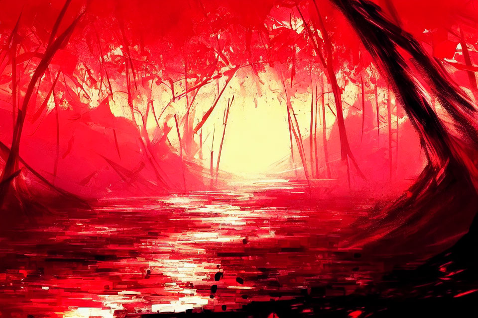 Vibrant red and orange forest scene with sunlight and water reflections
