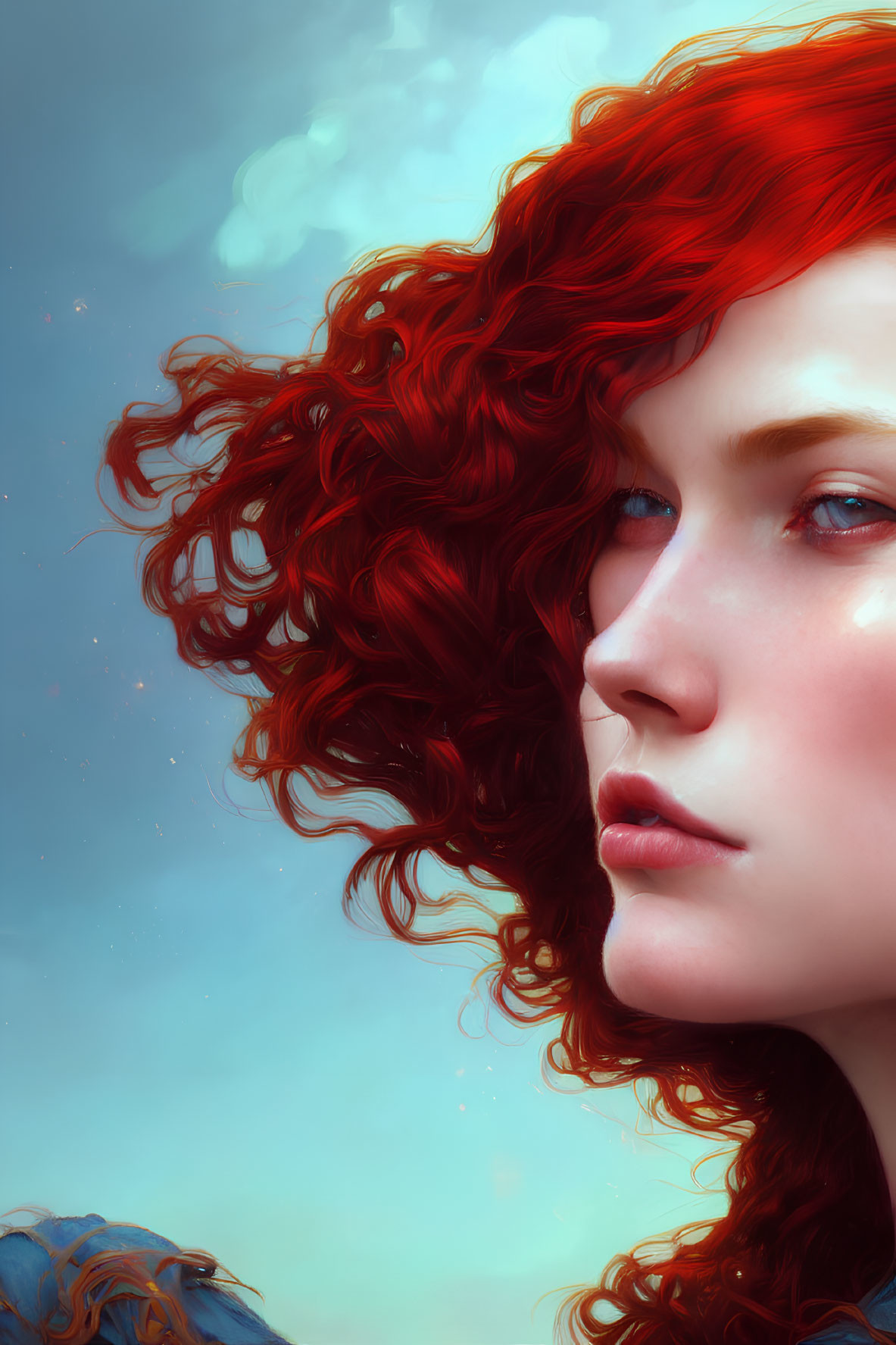 Vibrant red curly hair on fair-skinned person in digital portrait