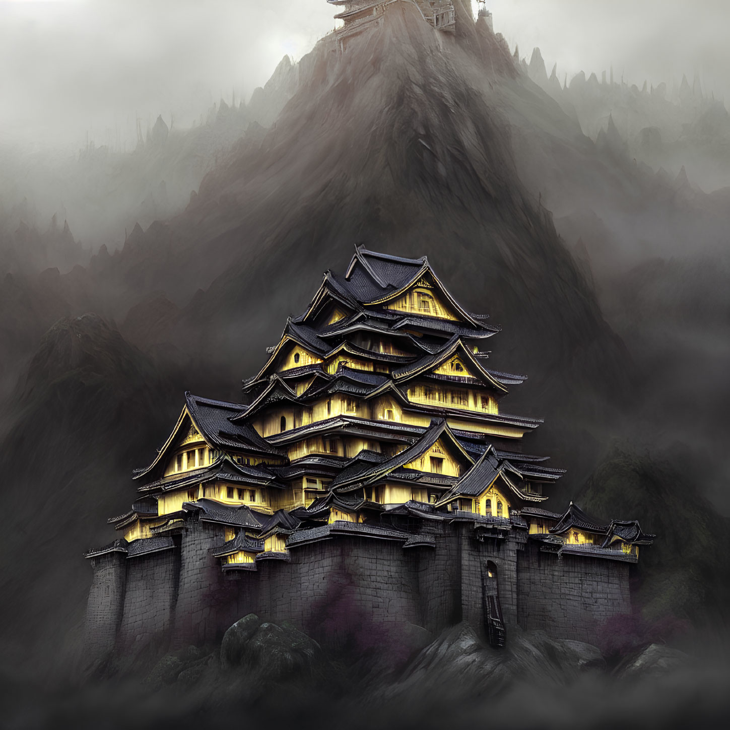 Traditional Japanese castle on stone wall with mist and mountains
