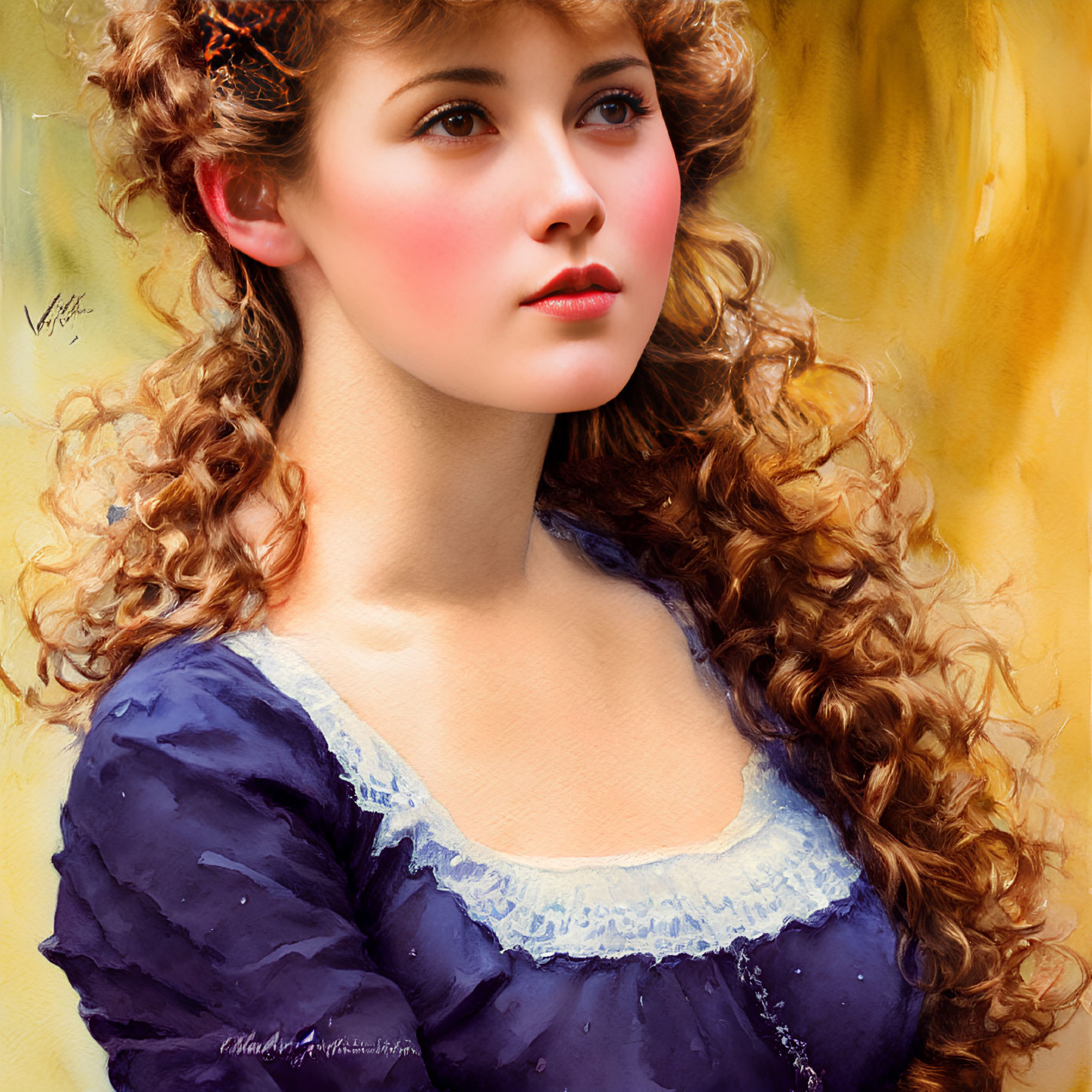 Portrait of a young woman with curly hair and blue eyes in vintage dress