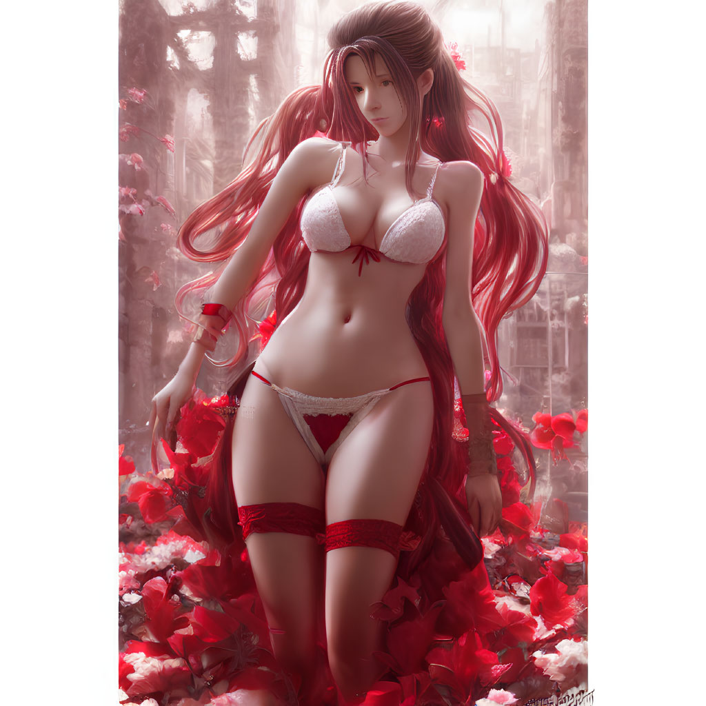 Woman with Long Red Hair in White and Red Lingerie Surrounded by Red Flowers in Mystical